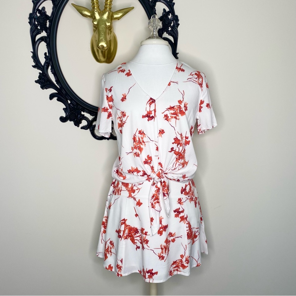 Black Swan White Dark Coral Purple Plum Floral Print Blouse Matching Skirt Set